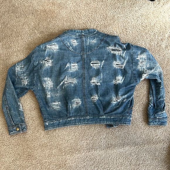 FREE PEOPLE DISTRESSED DENIM BOMBER JACKET - Picture 8 of 15